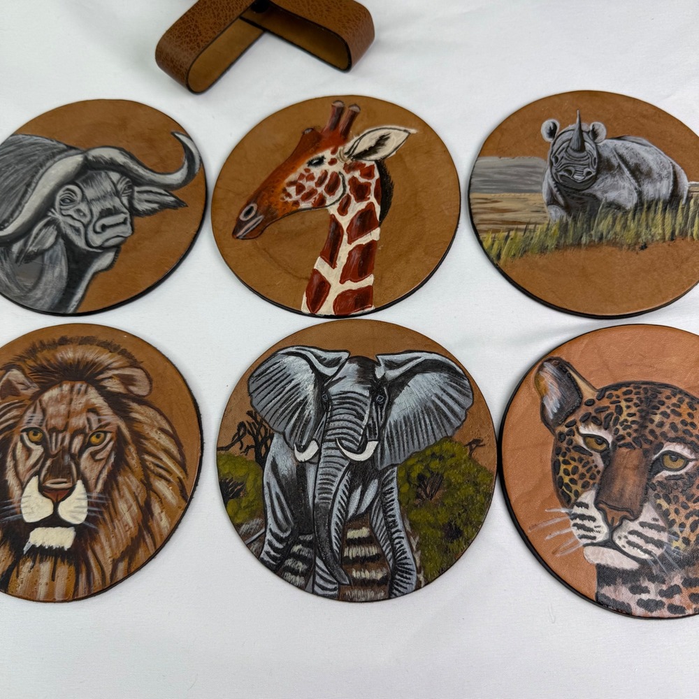 Hand Painted Leather African Safari Animal Coaster Set of 6 with Holder Brown